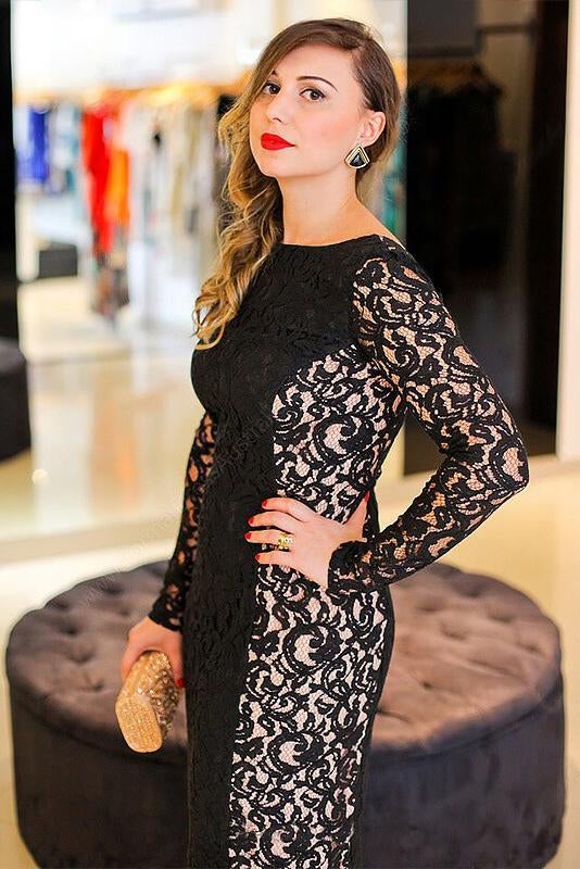 Black Lace Bateau Sheath Long Backless Plus Size Prom Dress IN661
