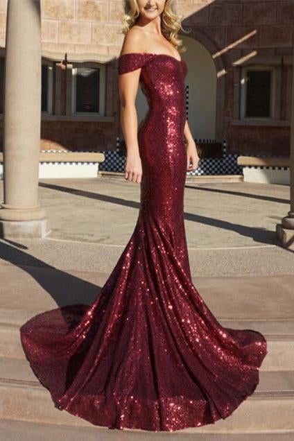 burgundy prom dresses,mermaid prom dress,sequins prom dress,mermaid evening gowns,sequin evening gowns,prom gowns Beautiful,off the shoulder prom dress 