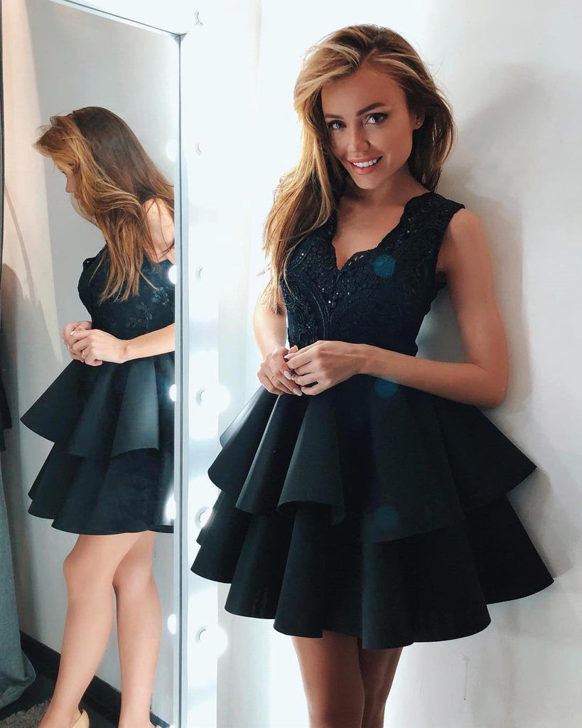 V Neck Lace Short Satin Layered A-Line Knee Length Short Prom Dresses,Homecoming Dresses INC15