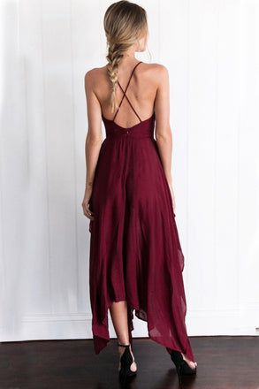 Chiffon Spaghetti Straps V Neck Cross Back Burgundy Assymetrical Hem Long Prom Evening Dress IN629