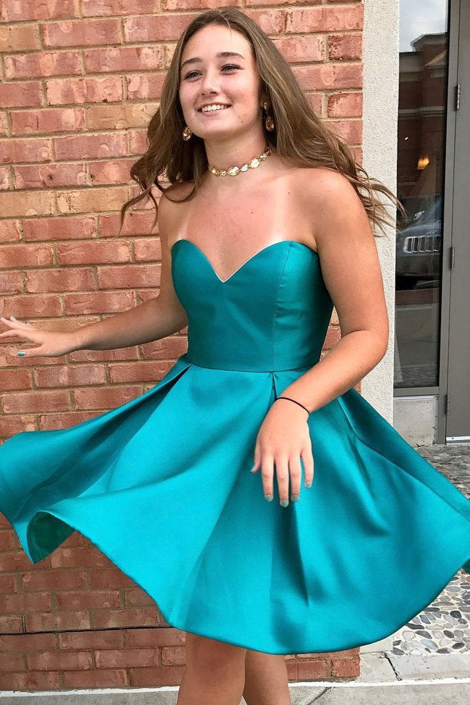 Simple A Line Short Strapless Sweetheart Neck Satin Cheap Homecoming Dresses INB69