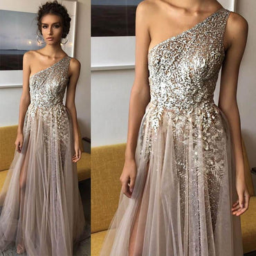 One Shoulder Tulle A Line Shinning Side Split Elegant Long Prom Dresses INA81