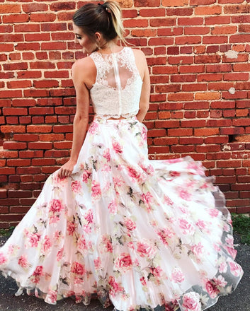 Two Piece Floral Long Lace A Line Prom Dress Graduation Party Dress IN880