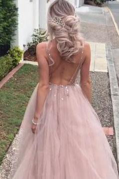 Luxurious Beaded V Neck Tulle Backless Sexy See Through Front Slit Pink Prom Dresses IN612