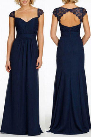 Navy Blue Long Open Back Cap Sleeve Sexy Chiffon Bridesmaid Dresses IN189