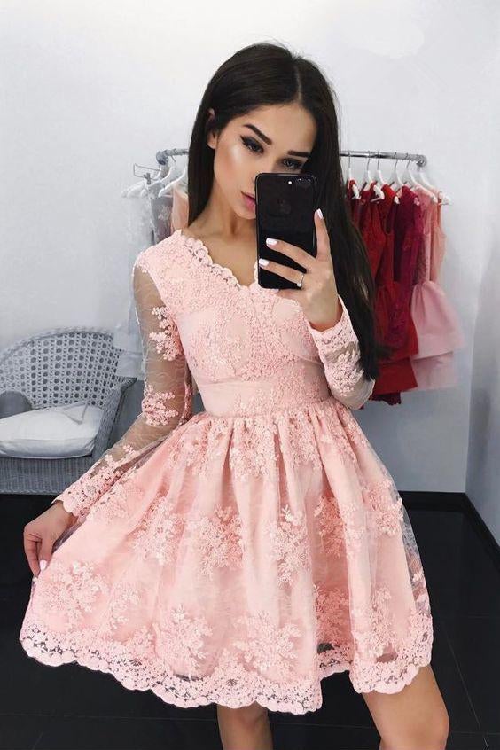 Cheap A-Line V-Neck Long Sleeves Short Pink Lace Homecoming Dress with Appliques INB37