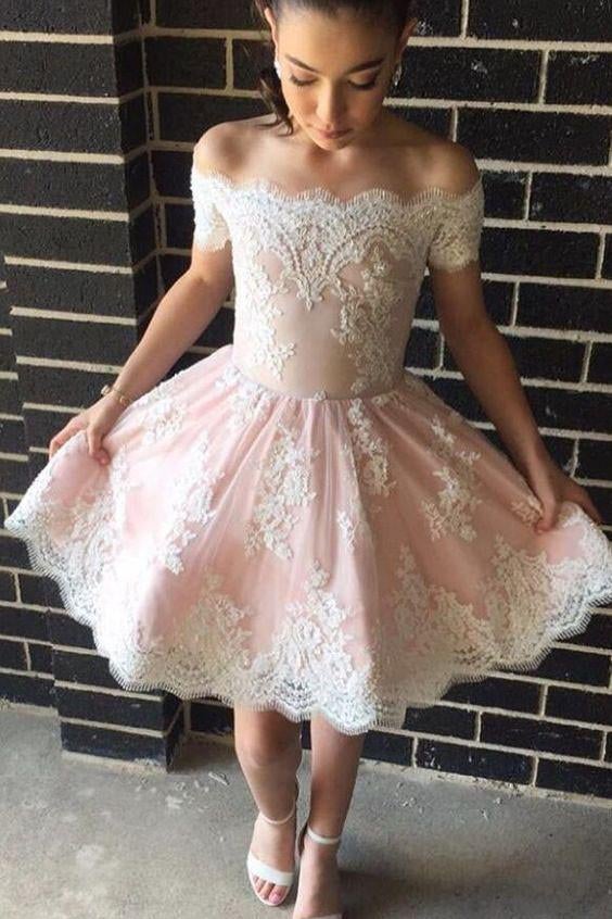 Cute A-line Off-the-shoulder Pink Short Prom Dress with Lace Appliques –  indresses