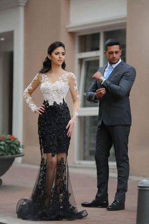 Mermaid Long Sleeve Black White Lace Applique Prom Dresses,Formal Graduation Dresses IN680