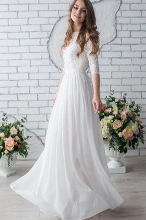 White Long Half Sleeve Chiffon Wedding Dress,Lace Beach Floor-Length Bridal Dress IN618