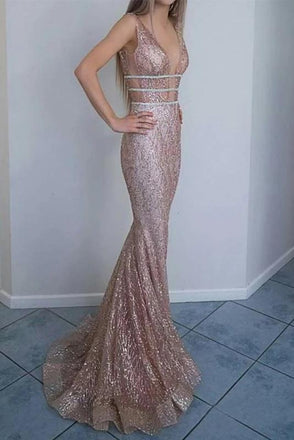 Mermaid V-Neck Backless Glitter Formal Evening Prom Dresses INN5