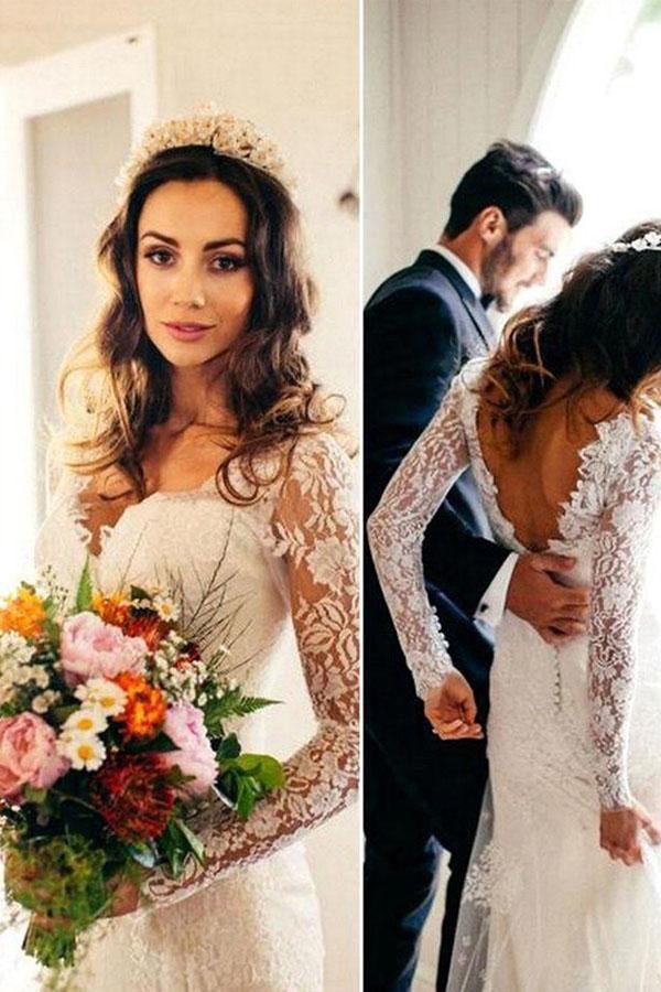 Sexy Mermaid Long Sleeves V Neck White Lace Backless Wedding Dress IN567