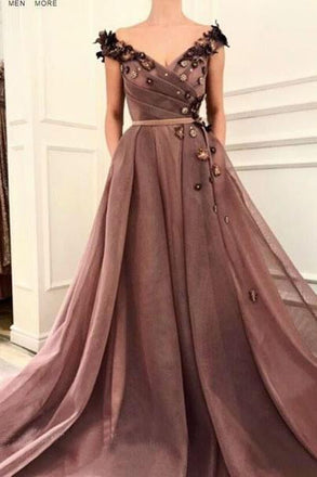 A Line V Neck Cap SleevesBrown Long Flowers Prom Dress With Pockets INR10