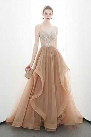 A-line Spaghetti Straps Tulle Long Lace Appliques Prom Dress Formal Evening Dress INR85