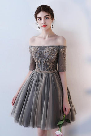 A Line Half Sleeves Off the Shoulder Homecoming Dresses, Short Appliques Prom Dress INN62