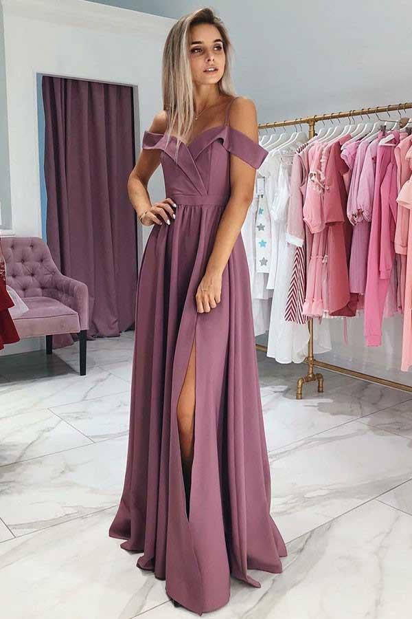 Charming A Line Off the Shoulder Spaghetti Straps Grape Long Prom Dresses INE91