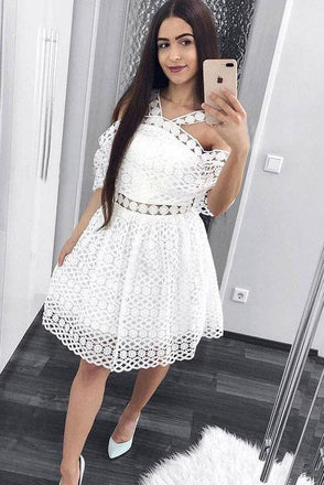 Cute A-Line White Lace Homecoming Dress,Short Prom Dresses INM6