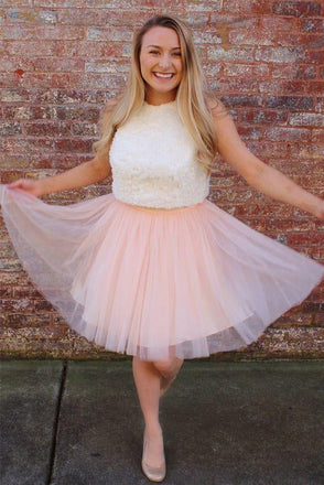 Pink A Line Tulle Short Homecoming Dress with White Lace Top INB31