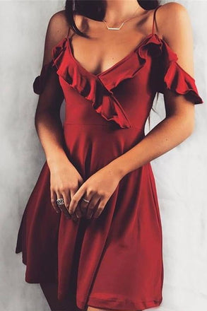 Burgundy Short Sexy Spaghetti Straps Mini Homecoming Dress With Ruffles INB54