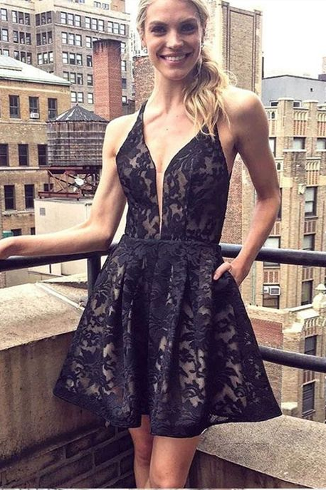 A-Line Deep V-Neck Straps Short Black Lace Homecoming Dress with Pockets INA93