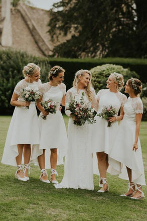 A-Line Short Sleeves Hi-Low Off White Satin Bridesmaid Dresses with Lace INR88