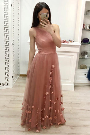 One Shoulder A Line Tulle Floor Length Prom Dresses Cheap Long Evening Dress INJ23