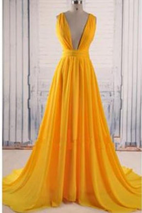 Yellow A Line V Neck Criss Cross Back Chiffon Long Prom Dress INB58