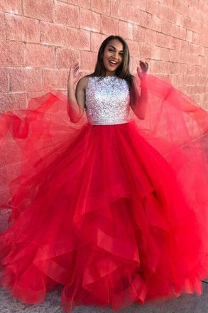 Charming Red Ball Gowns Organza Ruffle Sequin Top Prom Dresses INF68