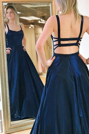 A Line Spaghetti Straps Sweep Train Dark Navy Prom Dress with Pockets INQ56