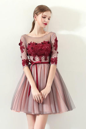 A Line Red Flowers Half Sleeves Homecoming Dresses, Short Appliques Prom Dress INN61