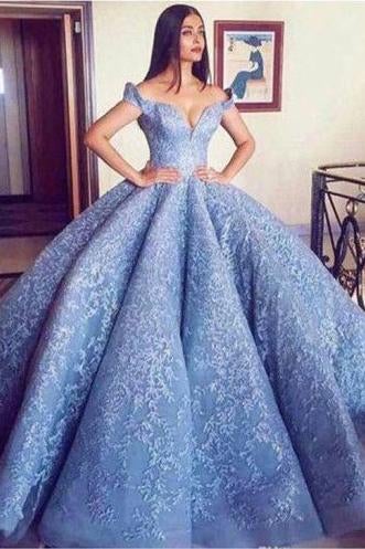 Blue Lace Off The Shoulder Ball Gown Quinceanera Dresses,Princess Prom Dress INC91