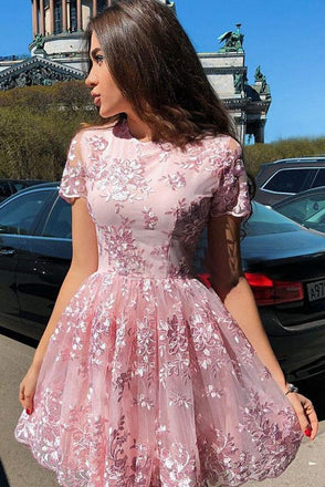 A-Line Short Sleeves Short Pink Homecoming Dress with Lace Appliques INM20