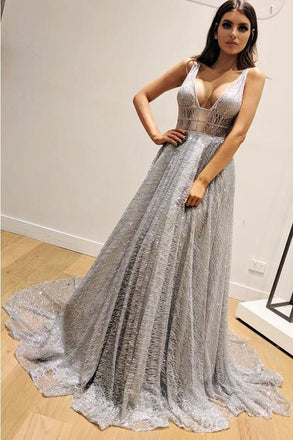 A-Line Sleeveless Silver Long Prom Dresses, V Neck Sleeveless Prom Gown INP78