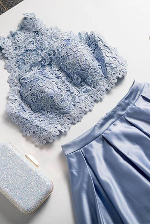 Two Piece A Line Jewel Light Sky Blue Floor Length Prom Dress With Lace Top INQ55