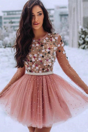 Blush Pink Short Prom Dresses 3D Flowers Beaded Homecomingl Dresses INP5