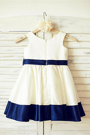 A-line Scoop Sleeveless Bowknot Tea-Length Satin Flower Girl Dresses With Blue Sash IN711