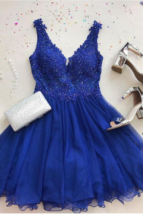 A Line V Neck Tulle Beaded Royal Blue Short Homecoming Dresses INM71
