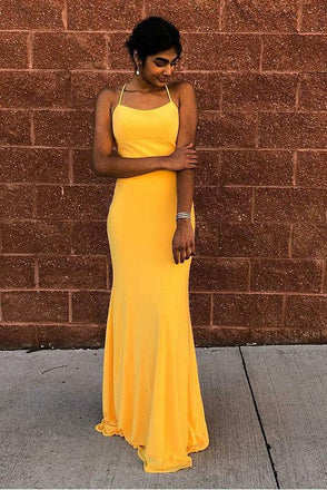 Mermaid Spaghetti Straps Floor-Length Yellow Sexy Prom Dress INQ67