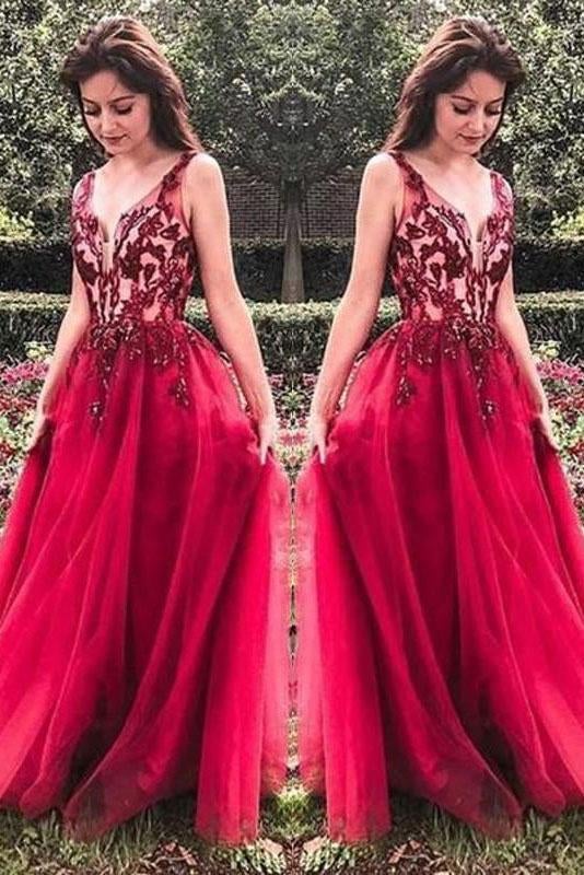 Unique Red V Neck Tulle Appliques Prom Dresses, Long Party Gowns INH15