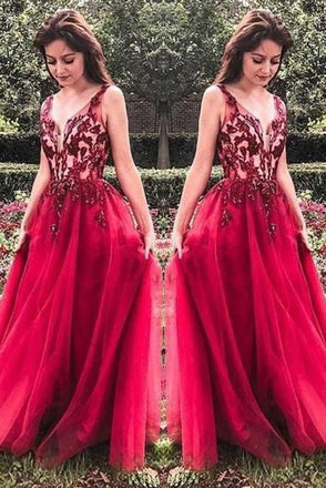 Unique Red V Neck Tulle Appliques Prom Dresses, Long Party Gowns INH15