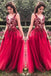 Unique Red V Neck Tulle Appliques Prom Dresses, Long Party Gowns INH15