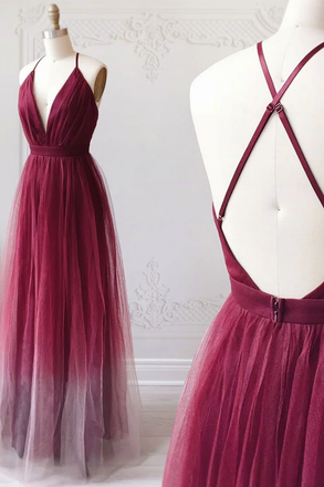 A-line Spaghetti Straps Ombre Long Tulle Prom Dress Party Dresses INR69
