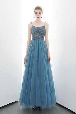 A-line Spaghetti Straps Blue Lace Up Back Beading Tulle Long Prom Dress INR84