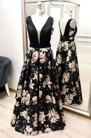 A Line V Neck Floral Prom Dresses, Long Black Prom Gown INK27