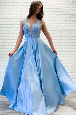 A-line V neck Lace Appliques Long Satin Prom Dress Blue Evening Party Dresses INR67
