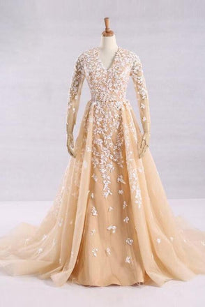 Pretty A-Line V-Neck Long Sleeves Tulle Appliques Floor Length Prom Dresses ING32