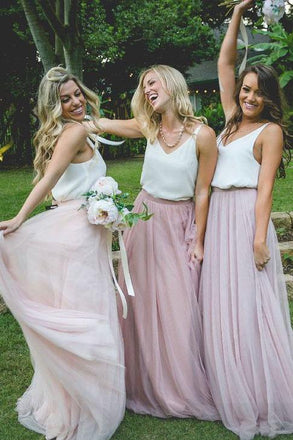 Gorgeous Two Piece Pink Tulle Long Bridesmaid Dress with White Top INM95