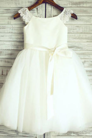 A-Line Round Neck White Flower Girl Dress with Sash Lace INP26