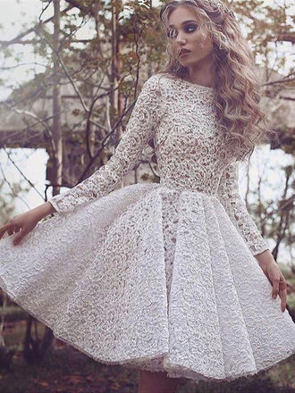 Chic Lace Scoop Long Sleeve Ivory Short Homecoming Dress Prom Party Dress INE2