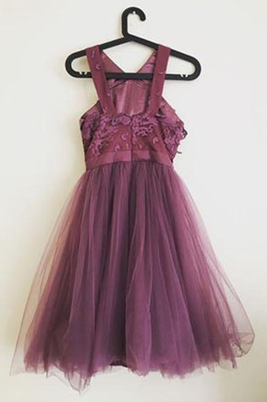 Grape Lace Top A Line Short Tulle Cheap Homecoming Dress IND15