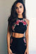 Tight Two Piece Black Satin Homecoming Dress with Flower Appliques INB76